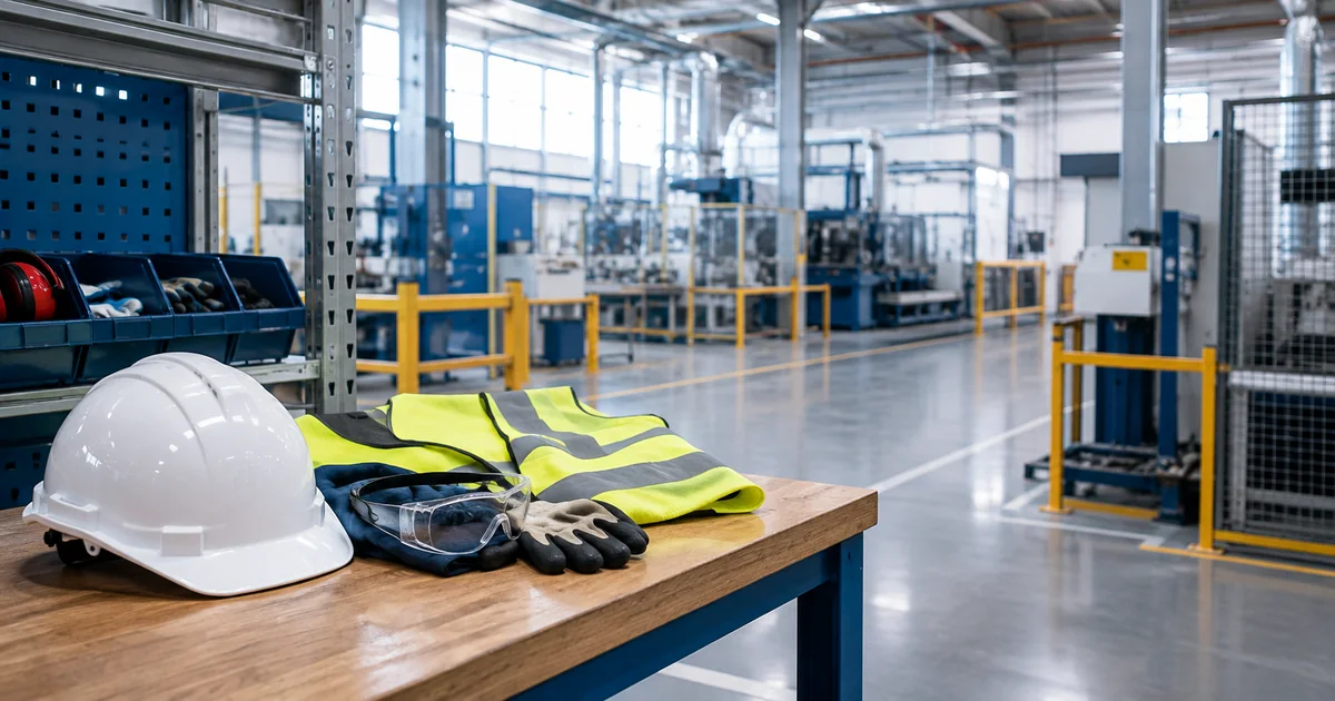 Equipos de protección y zona industrial acondicionada para prevenir accidentes laborales.