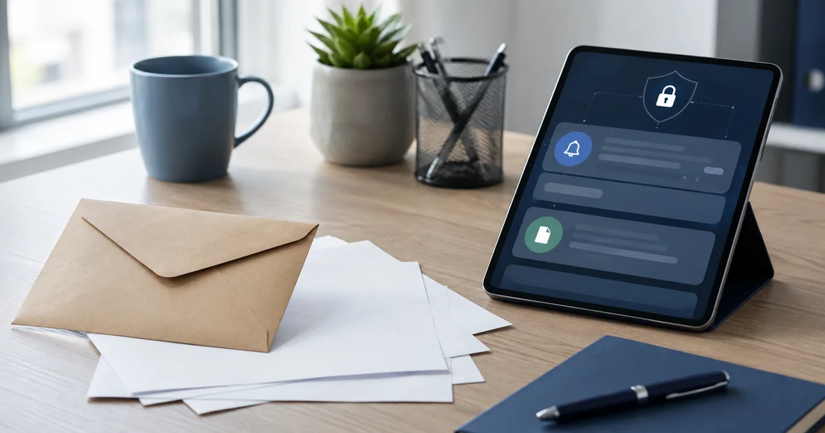 Sobre con documentos en papel junto a una tableta con una notificación electrónica segura.